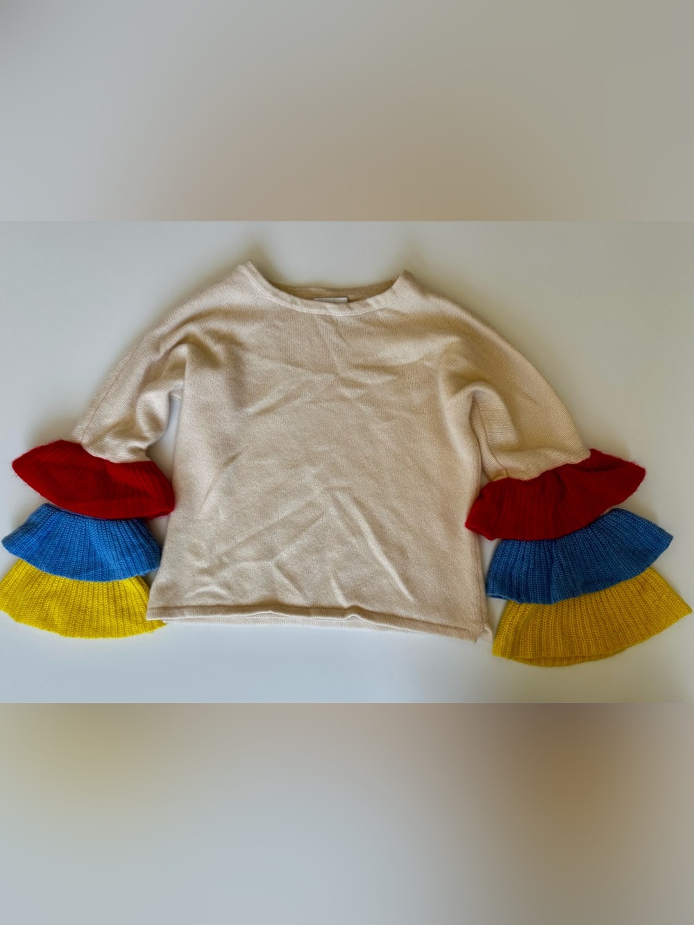 FILORO 100% Cashmere XL Ruffle Sleeve Sweater Ivory Colorblock 2-Ply